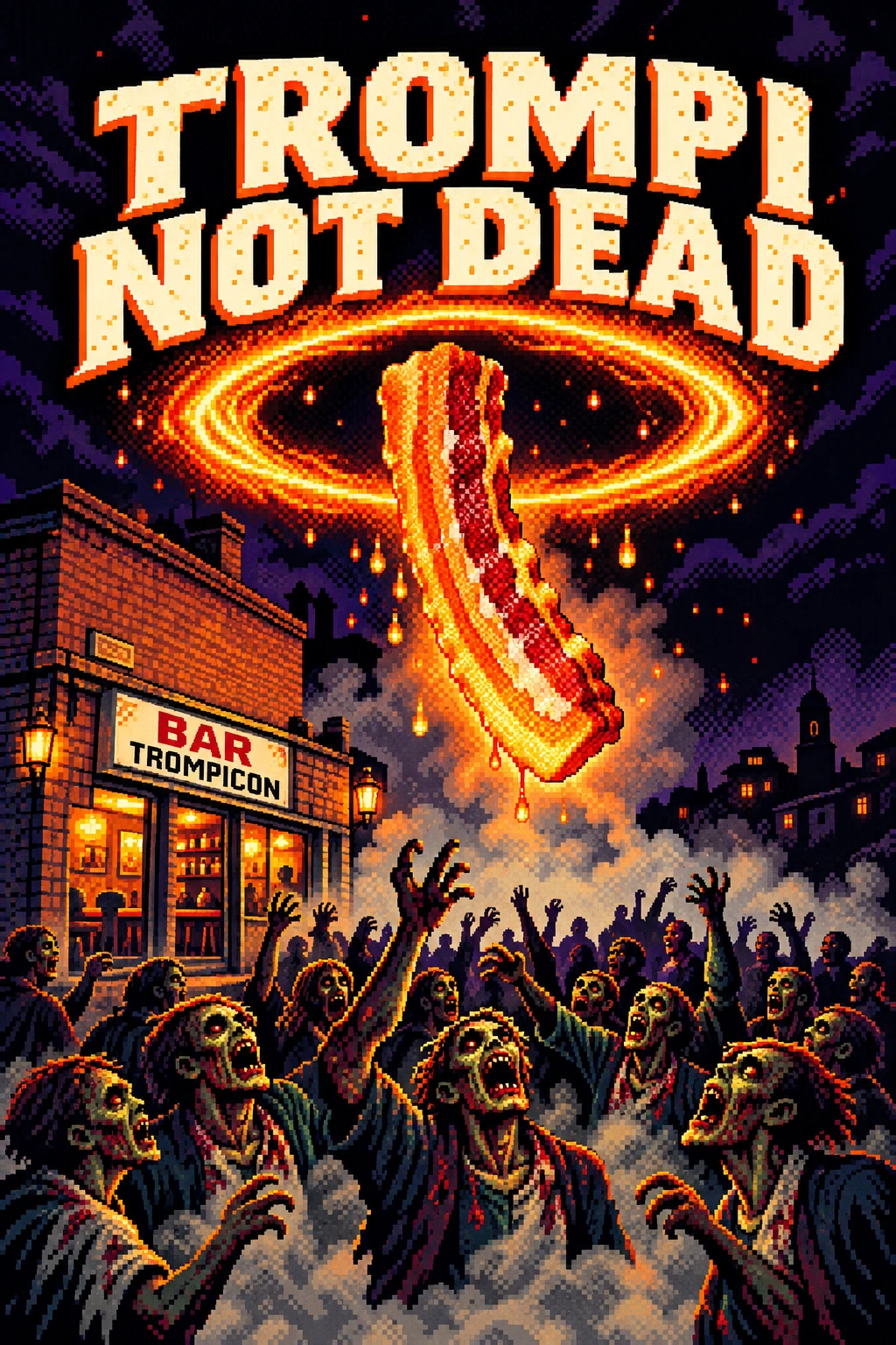Trompi Not Dead: torrezno gigante bajo un aro de fuego, fachada del bar Trompicón y horda de zombis, en pixel art.
